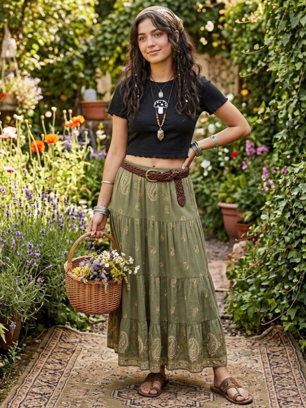 Plus 1XL Black Mushroom Ribbed Lettuce Trim Crop Tee Boho Goblincore Whimsigoth